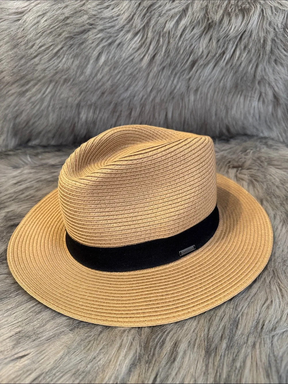 Carkella Straw Fedora Hat with Black Band - Tan Size XL